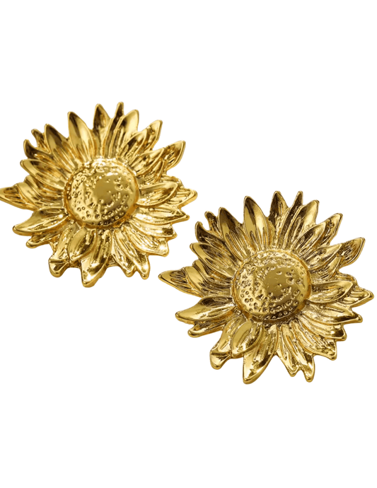 Shop Fleur de Camélia Sunny Sunflower Statement Earrings in gold, featuring oversized sculpted petals and vintage-inspired floral details at Steven Dann.