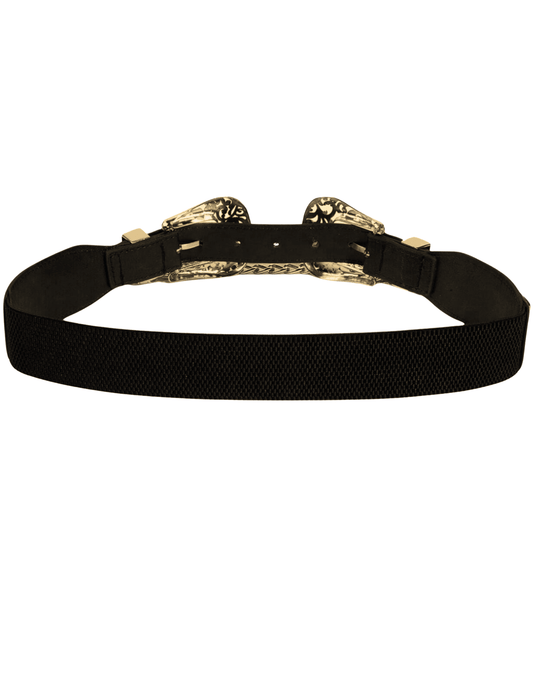Back view of Austin Blaze Double Buckle Chain Stretch Belt in Black & Gold