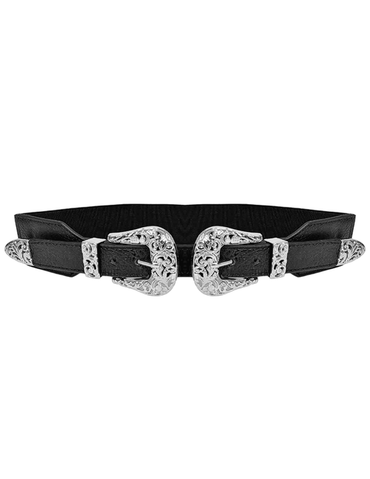 Austin Blaze Double Buckle Stretch Belt in Black SIlver