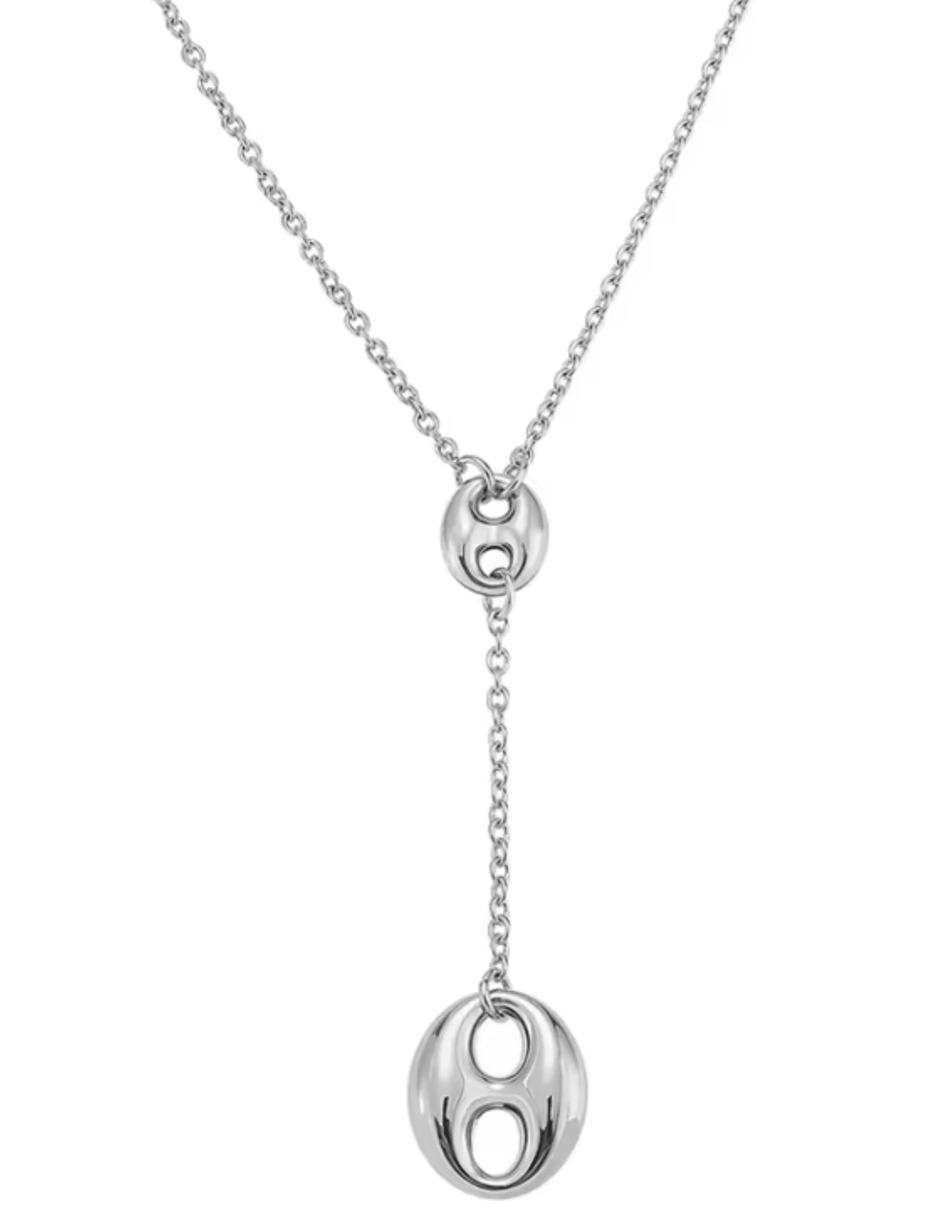 Silver necklace with a unique pendant on a white background Austin Blaze Ginny Chain Lariat Necklace