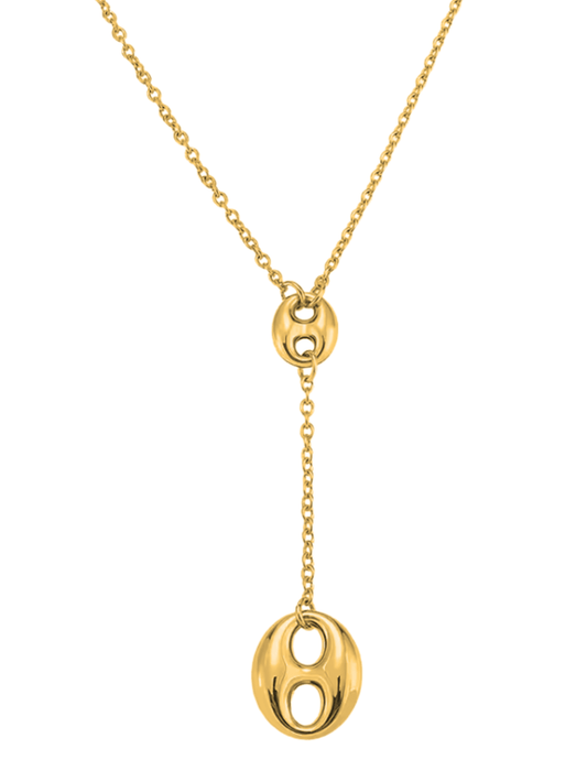 Gold necklace with a small round pendant on a white background Austin Blaze Ginny Chain Lariat Necklace