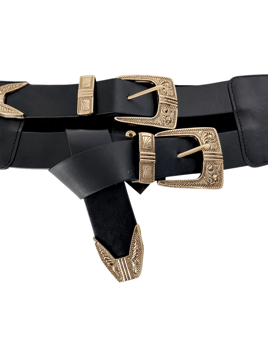 Austin Blaze Ingrid Double Buckle Belt in black gold with ornate hardware
