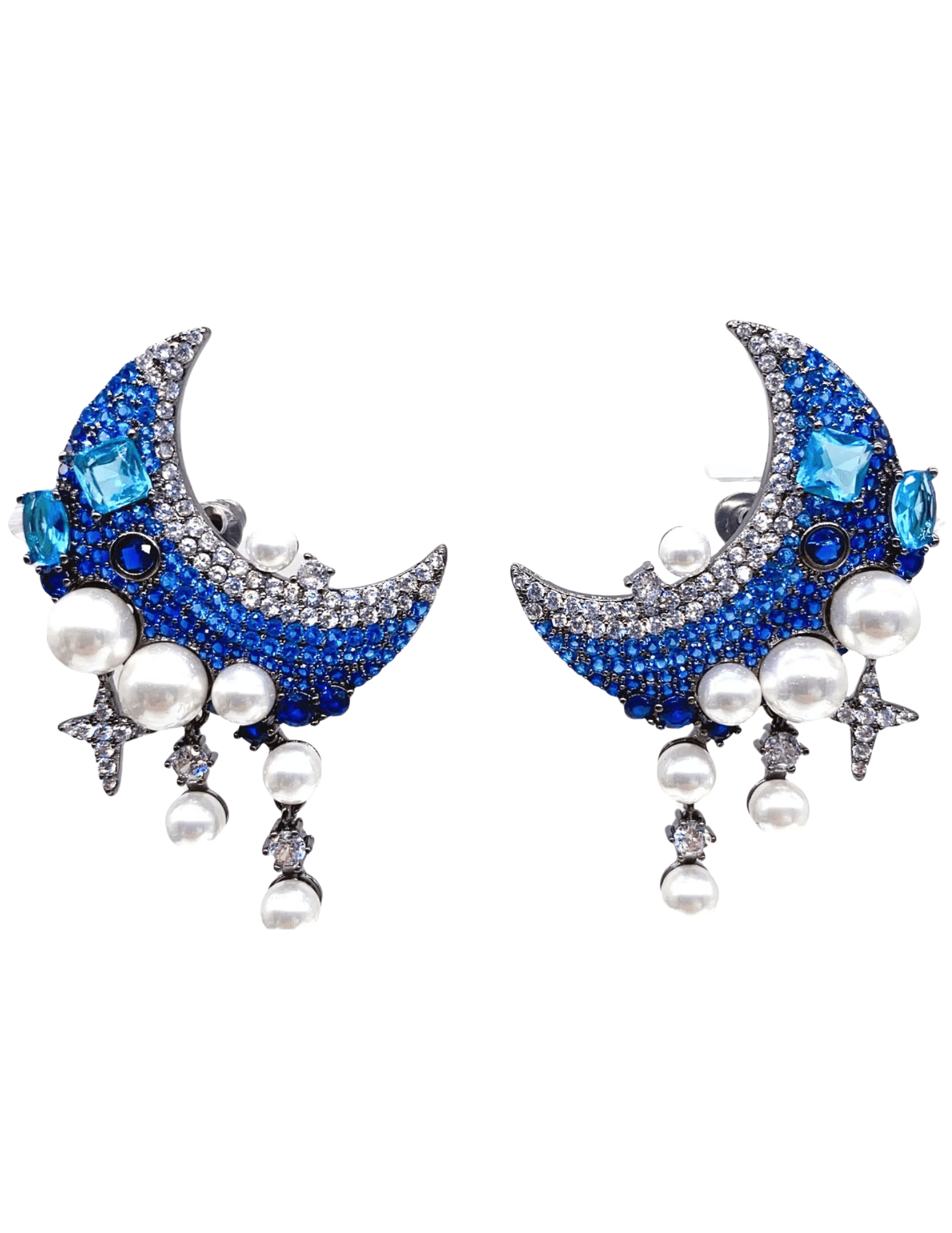 Austin Blaze Lyra Moon Earrings in blue with rhinestone and pearl embellishments