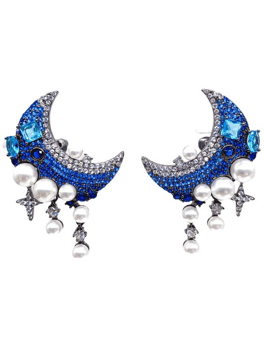 Austin Blaze Lyra Moon Earrings in blue with rhinestone and pearl embellishments