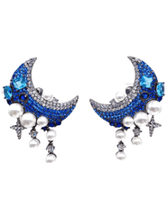 Austin Blaze Lyra Moon Earrings in blue with rhinestone and pearl embellishments