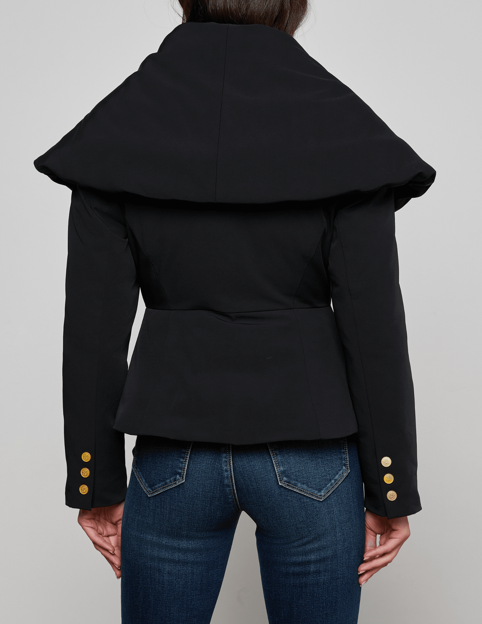 Back of L'AGENCE Pippa High Collar Blazer Coat in Black Front