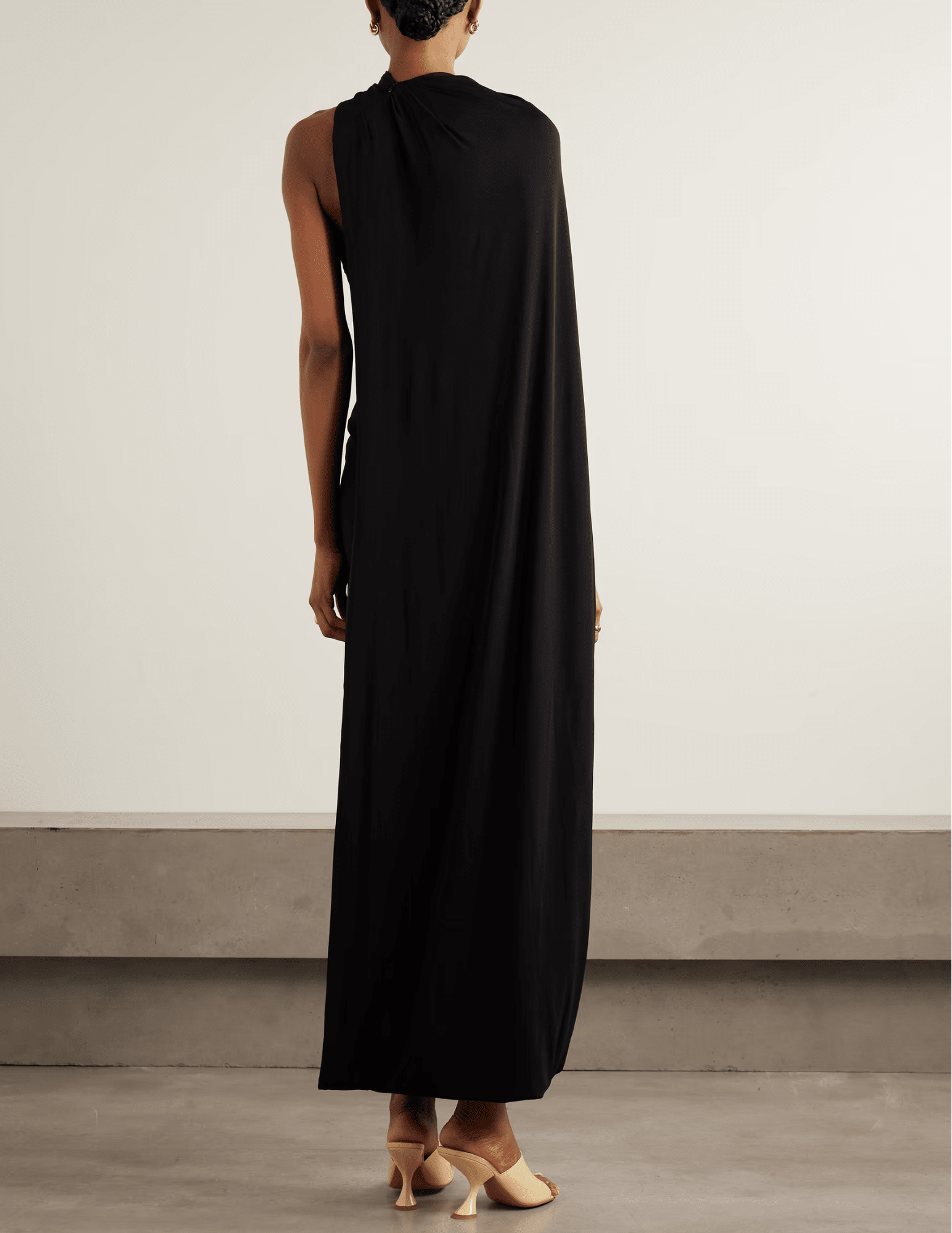 Cult Gaia Corsica Cape Effect Gown in Black with strapless neckline and cape drape