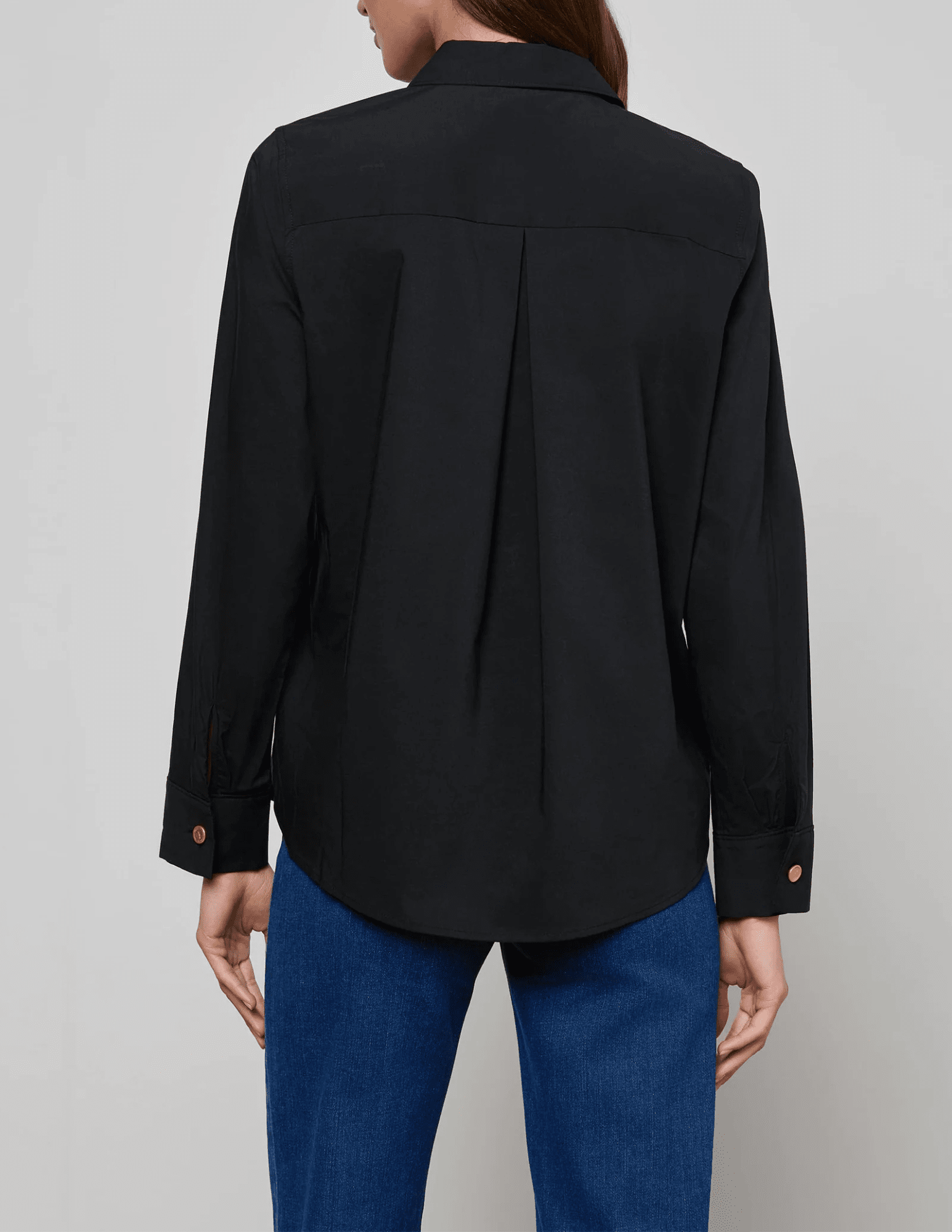Back view of Ellery Long Sleeve Button Blouse with pleated yoke.