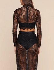 Back view of L'AGENCE Henriette Lace Cropped Long Sleeve Top in Black