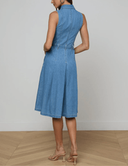 Back view of L'AGENCE Kieran Denim Shirt Dress in Oracle