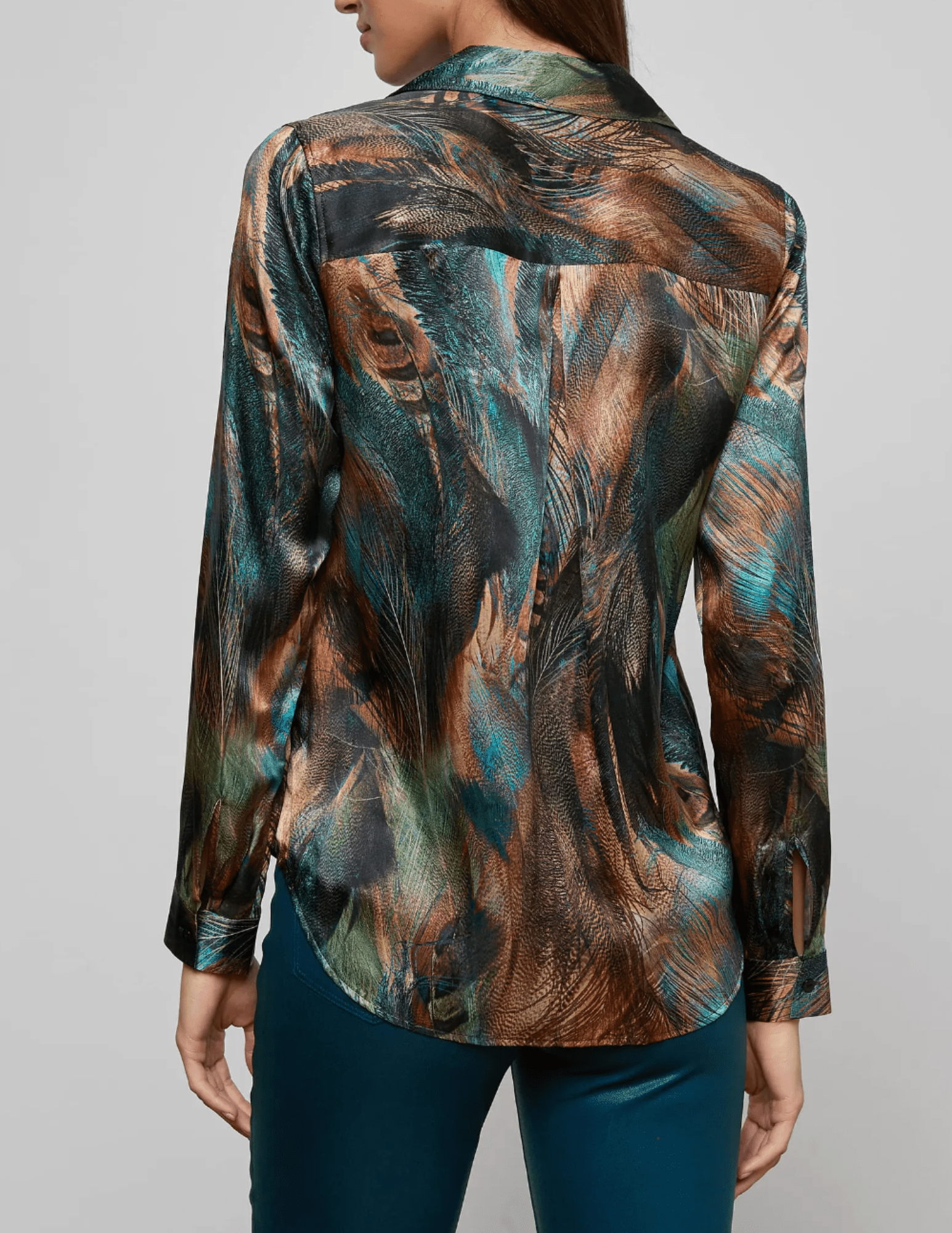Back view of L'AGENCE L'Agence Tyler Long Sleeve Blouse in Teal Multi Mix Feather