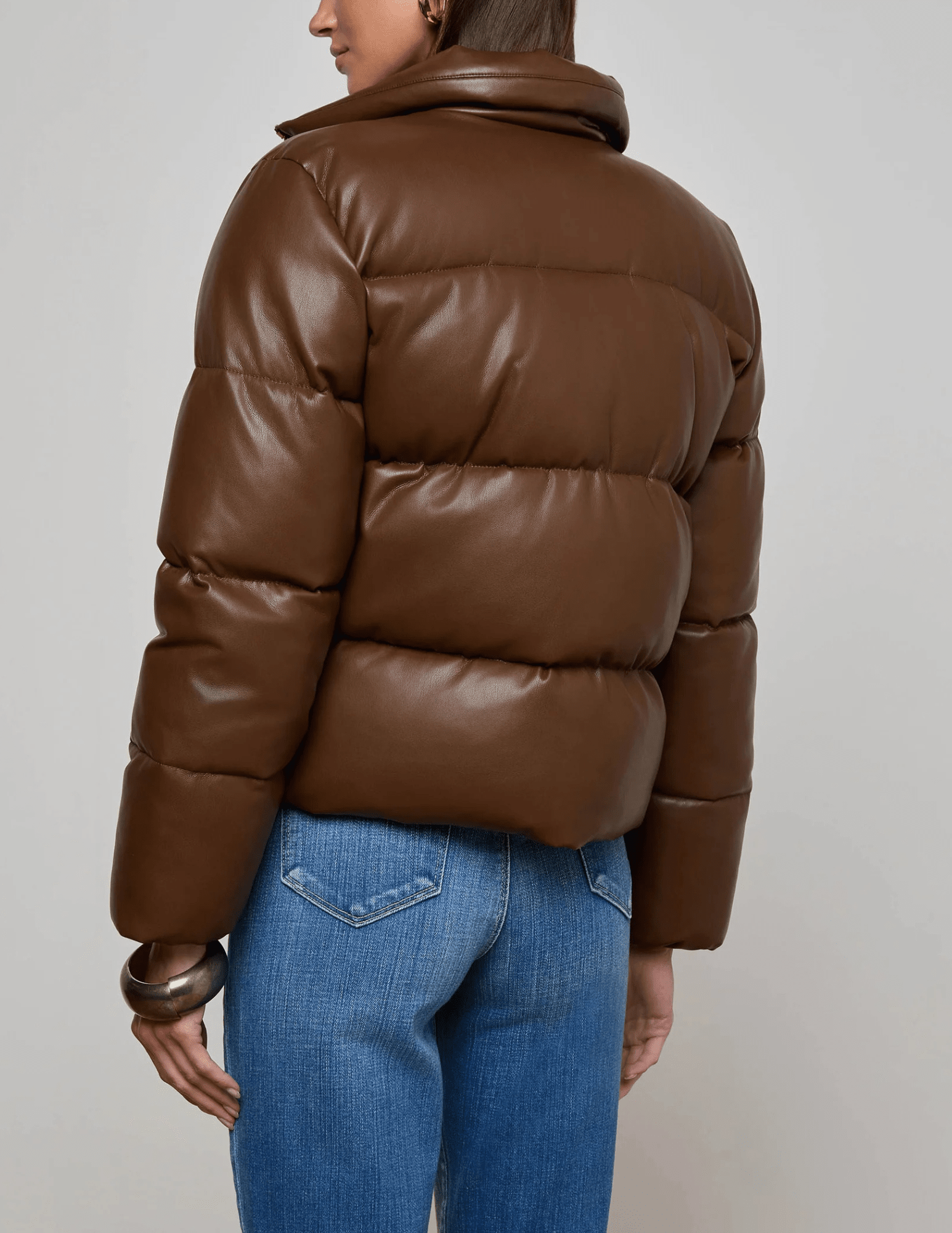 Back view of L’AGENCE Larsen Vegan Leather Puffer Jacket in Carafe Brown