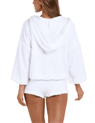 Back view of L’AGENCE Lee Terry Cropped Hooded Poncho in ornate white