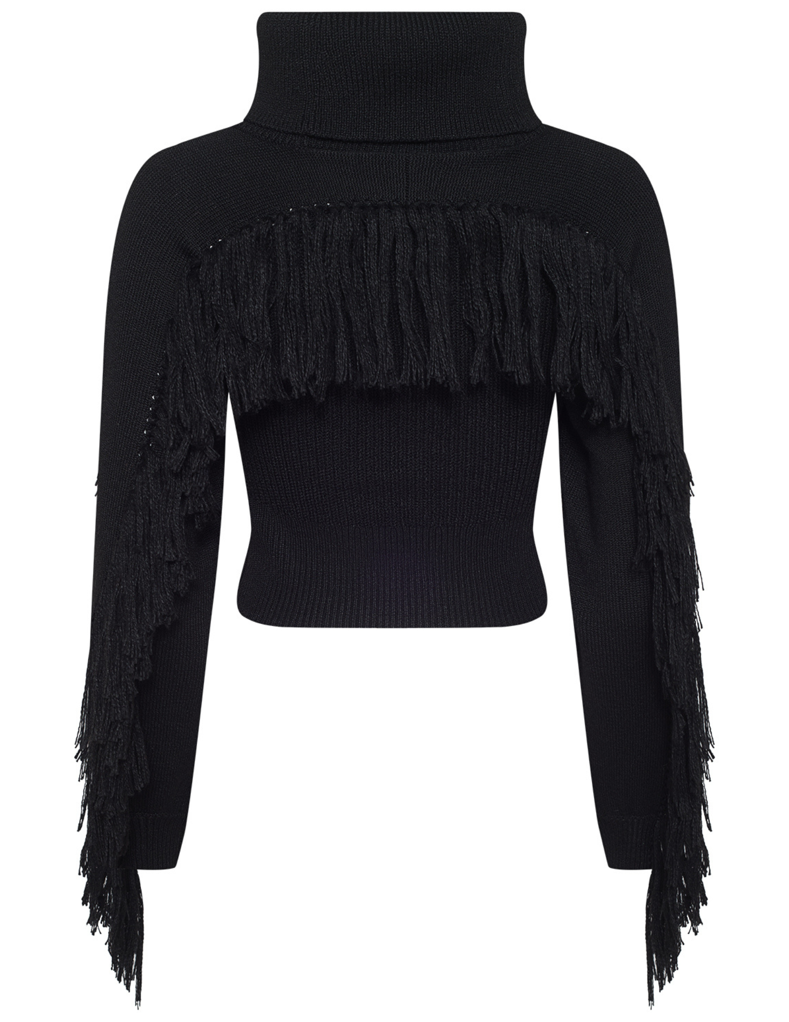 Back view of L'AGENCE Maddison Fringe Turtleneck Sweater in Black