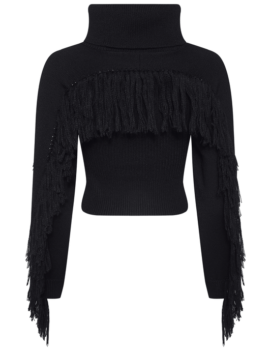 Back view of L'AGENCE Maddison Fringe Turtleneck Sweater in Black