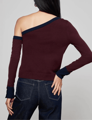 Back view of L'AGENCE Maeva One Shoulder Color-Block Sweater in Malbec Midnight
