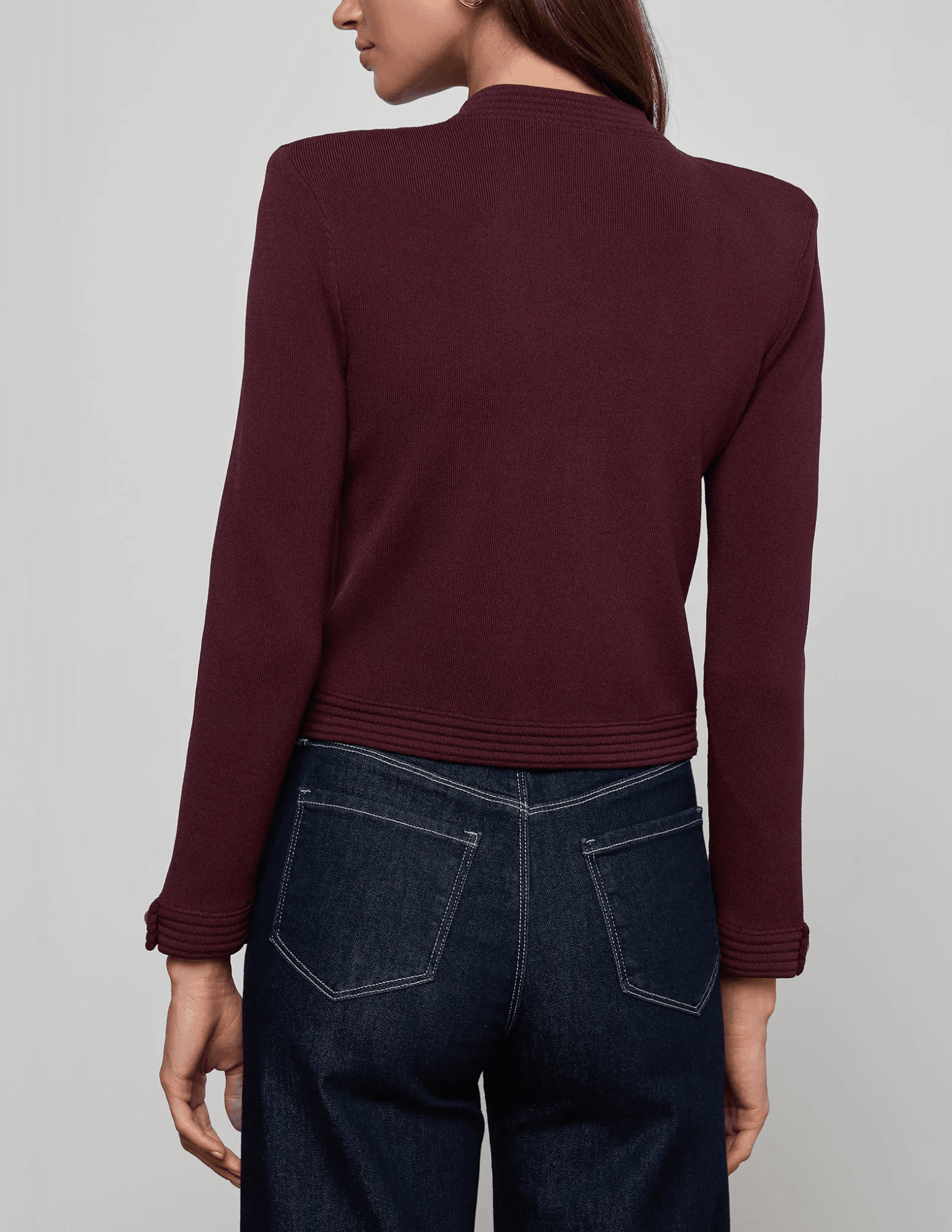 Back view of L’AGENCE Patsy Cropped Cardigan in Malbec Gold