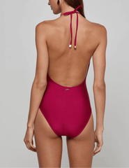 Back view of L’AGENCE Terra Shimmer Plunge One Piece Swimsuit in Black Cherry