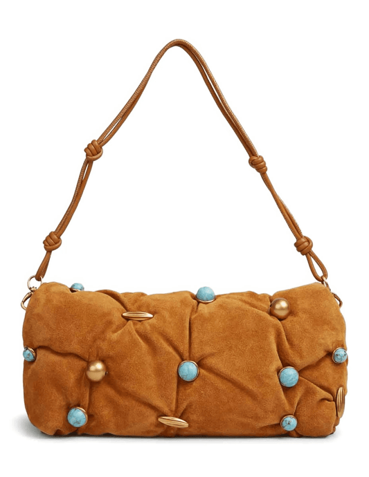 Cult Gaia Amalia Mini Suede Clutch in Toasted Caramel
