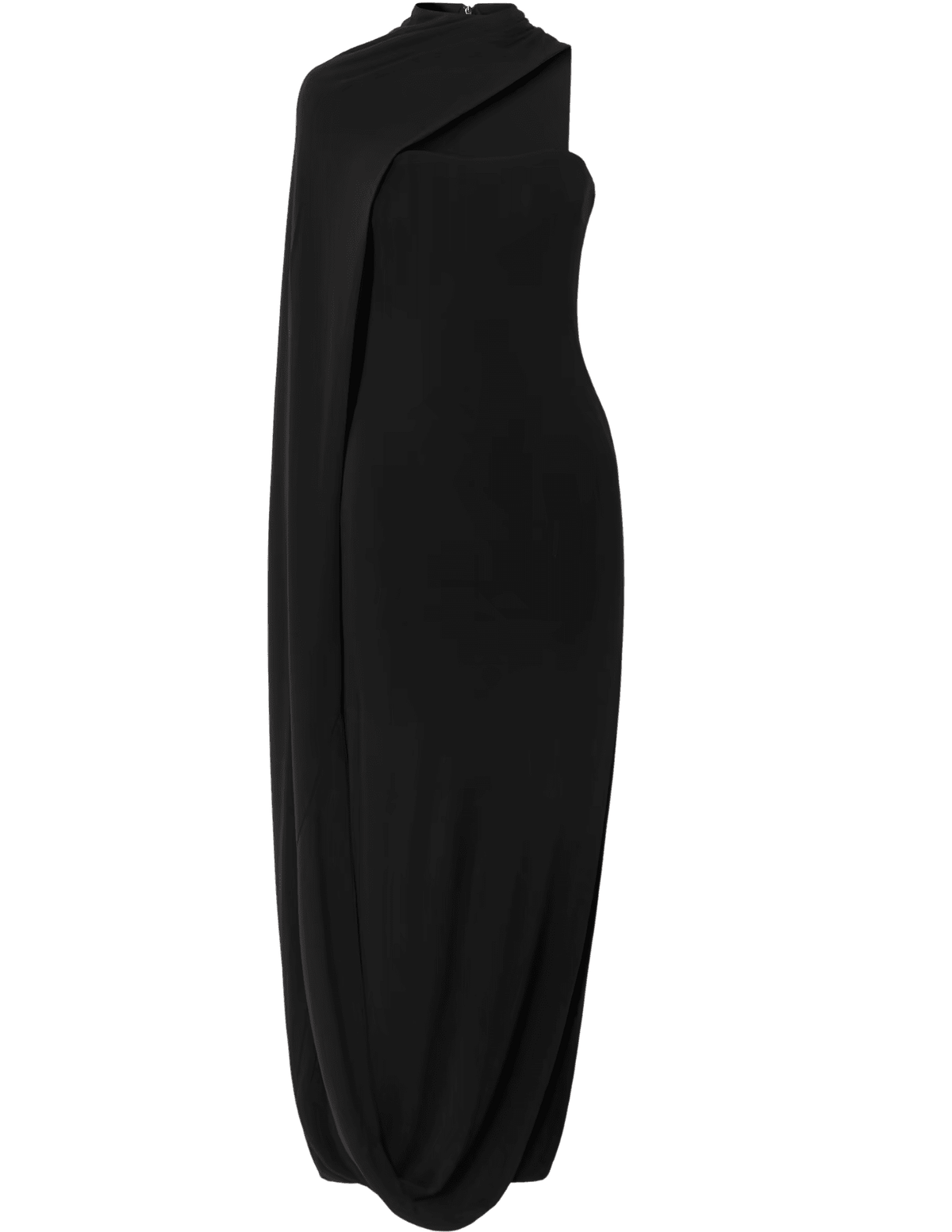 Cult Gaia Corsica Cape Effect Gown in Black with strapless neckline and cape drape
