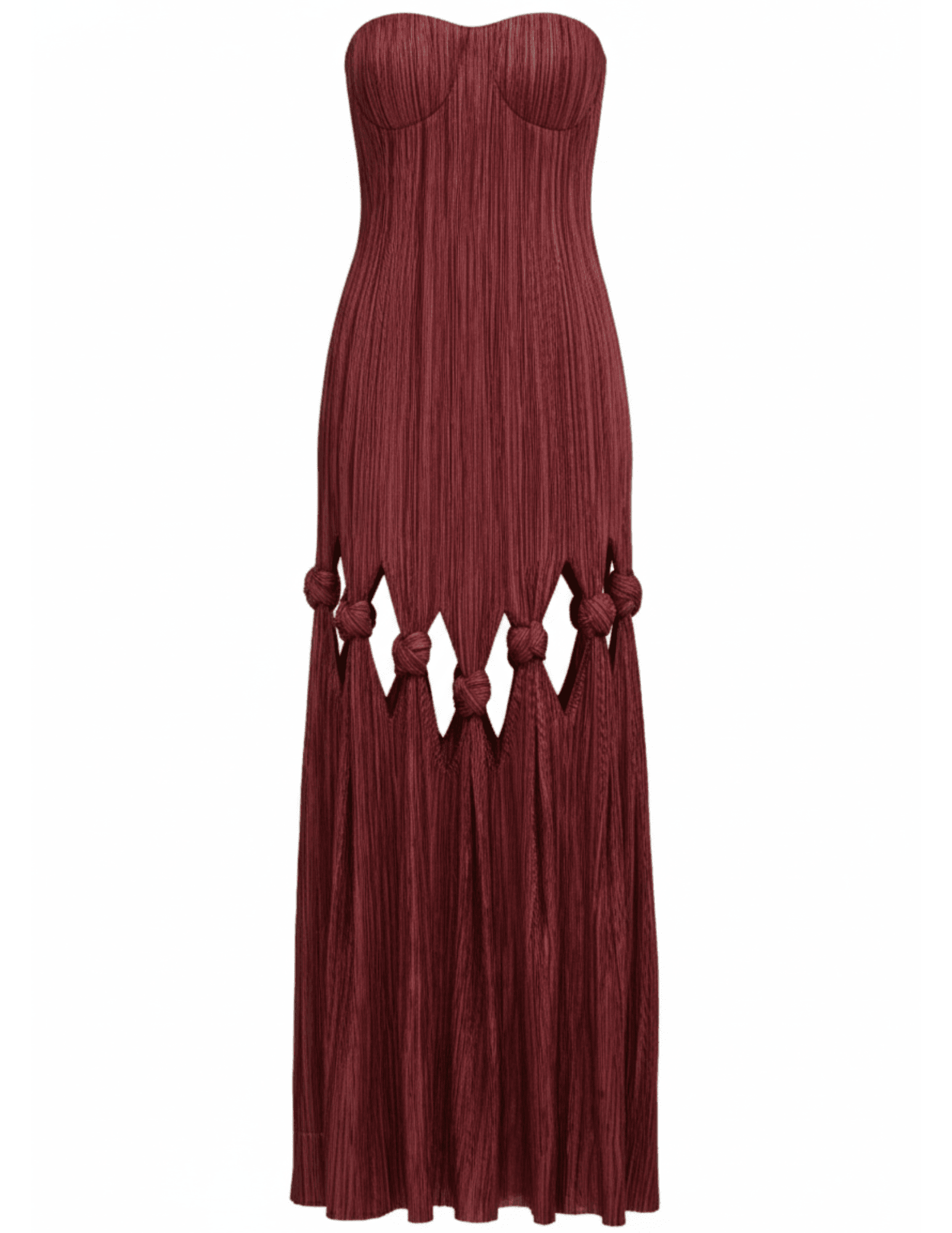 Cult Gaia Jamisha Strapless Plissé Gown in Chianti with knotted cutouts and corset bodice.