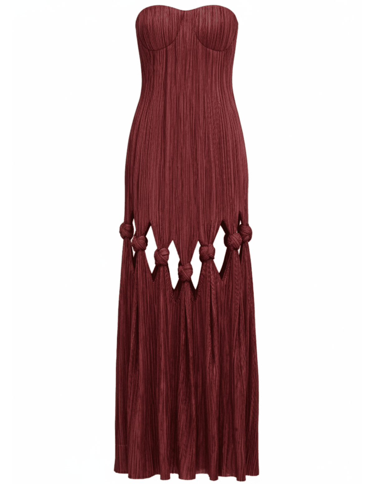 Cult Gaia Jamisha Strapless Plissé Gown in Chianti with knotted cutouts and corset bodice.