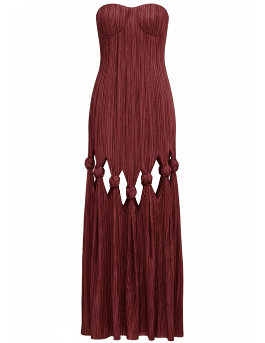 Cult Gaia Jamisha Strapless Plissé Gown in Chianti with knotted cutouts and corset bodice.