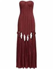 Cult Gaia Jamisha Strapless Plissé Gown in Chianti with knotted cutouts and corset bodice.