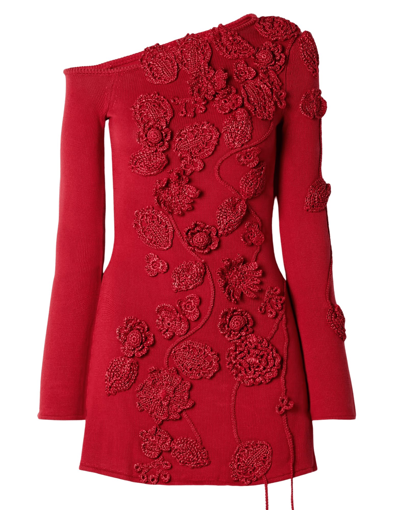 Cult Gaia Kaela Knit Appliqué Mini Dress in Merlot with 3D floral crochet.