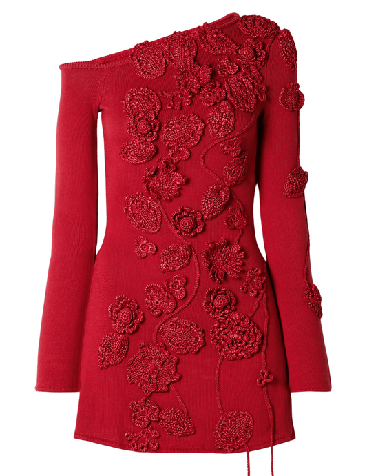 Cult Gaia Kaela Knit Appliqué Mini Dress in Merlot with 3D floral crochet.