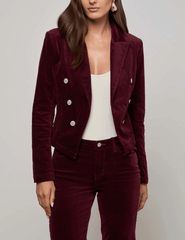 Double-breasted cropped velvet blazer in burgundy by L’AGENCE.
