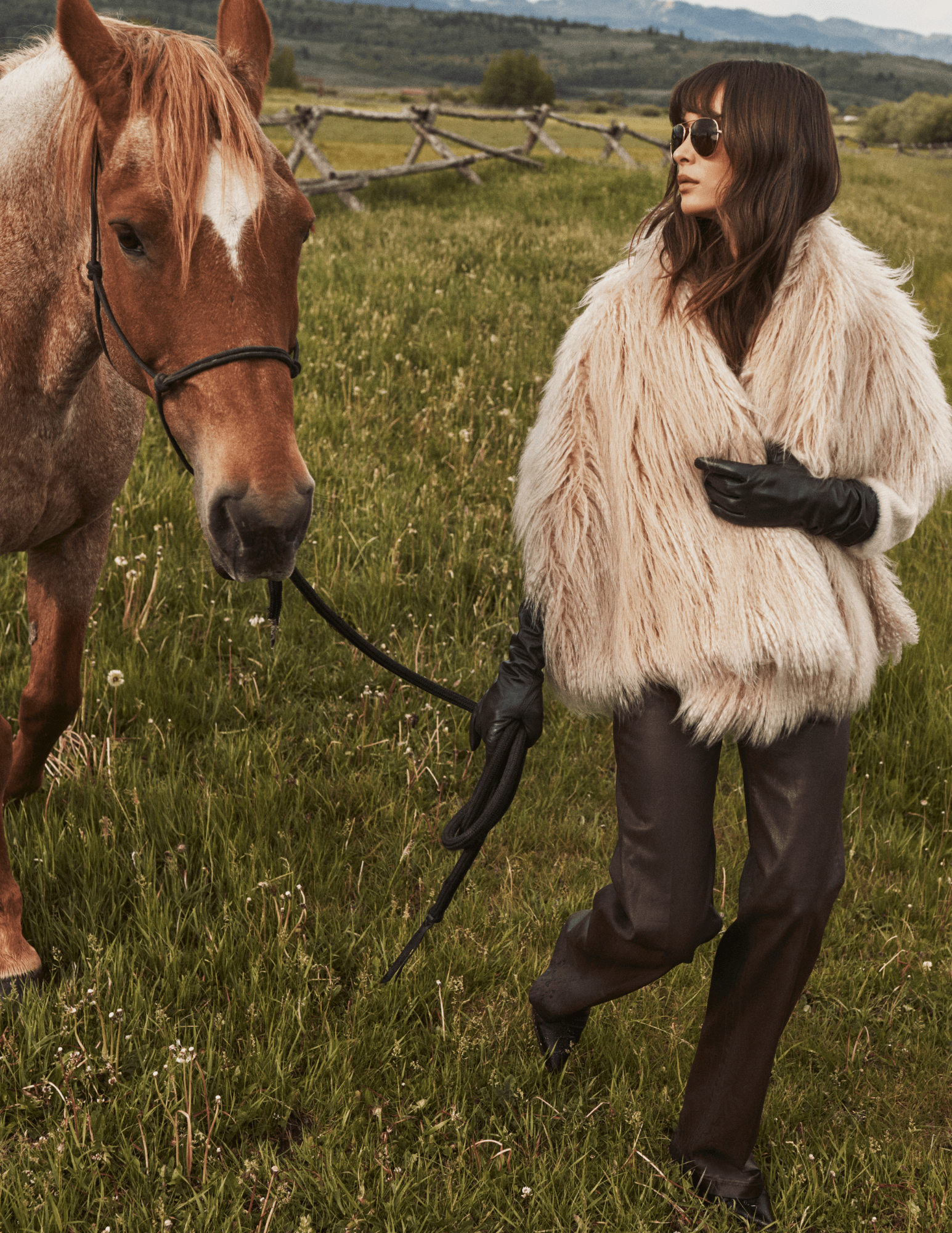 L'AGENCE Sabine Faux Fur Scarf in Biscuit editorial