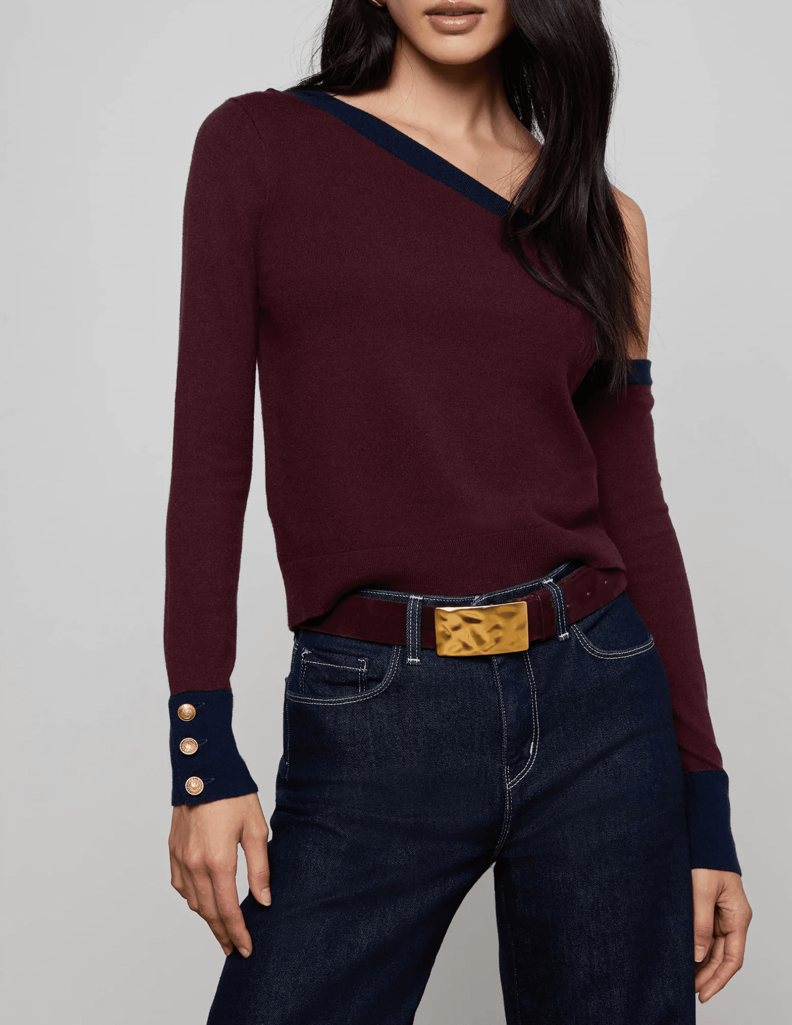 Front view of L'AGENCE Maeva One Shoulder Color-Block Sweater in Malbec Midnight

