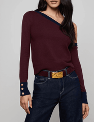 Front view of L'AGENCE Maeva One Shoulder Color-Block Sweater in Malbec Midnight
