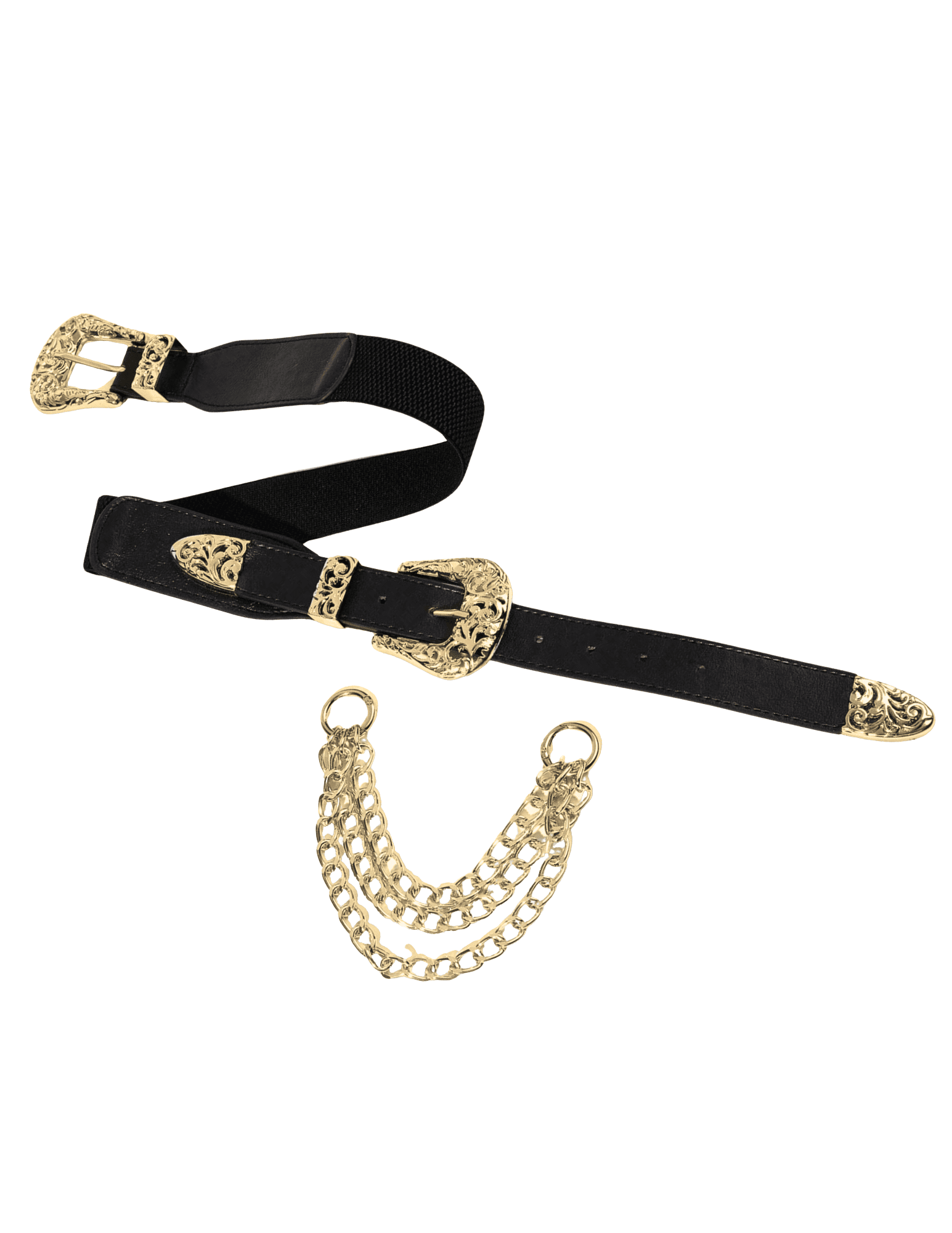 Flat view of Austin Blaze Double Buckle Chain Stretch Belt in Black & Gold