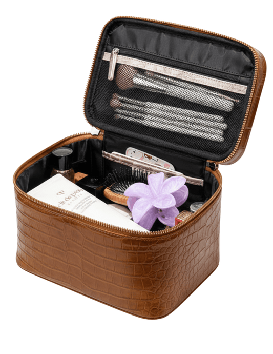 Fleur de Camélia Fran Leather Cosmetic Case in Saddle Croc