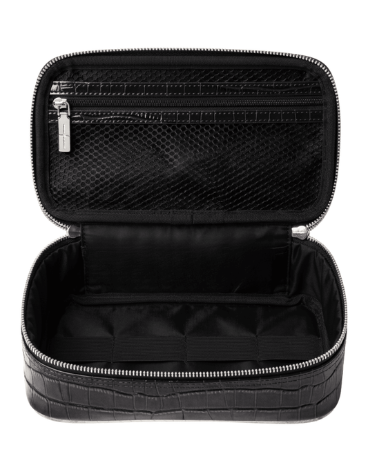 Fleur de Camélia Fran Mini Leather Cosmetic Case in Black Croc inside view
