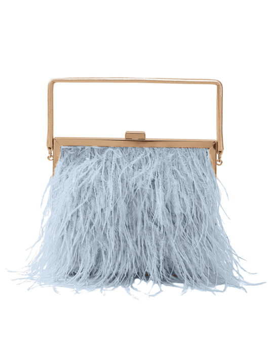 Fleur de Camélia Jenna Ostrich Feather Handbag in Light Blue with gold hardware
