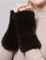 Fleur de Camélia Mink Knit Fingerless Gloves in Coffee