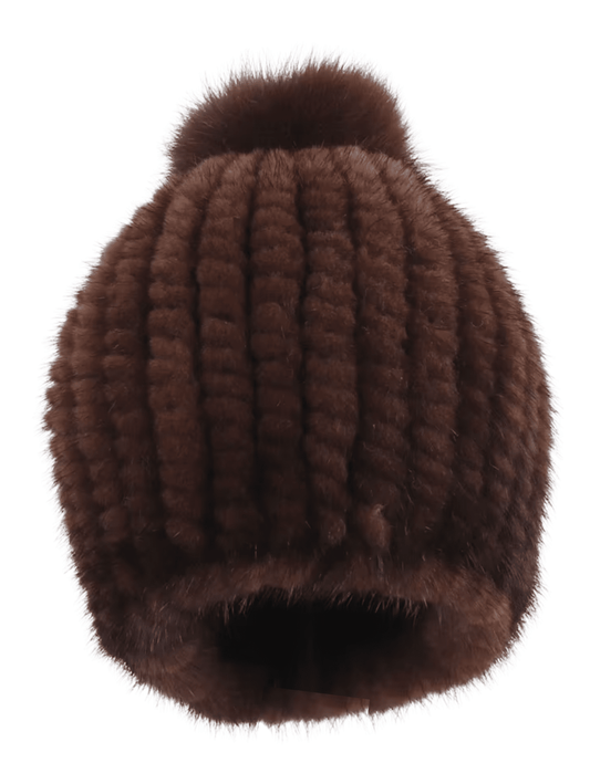 Fleur de Camélia Mink Knit Pom Pom Hat in Dark Coffee