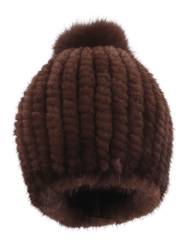 Fleur de Camélia Mink Knit Pom Pom Hat in Dark Coffee
