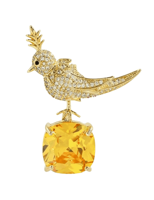 Fleur de Camélia Raya Rhinestone Bird on Rock Brooch in Yellow