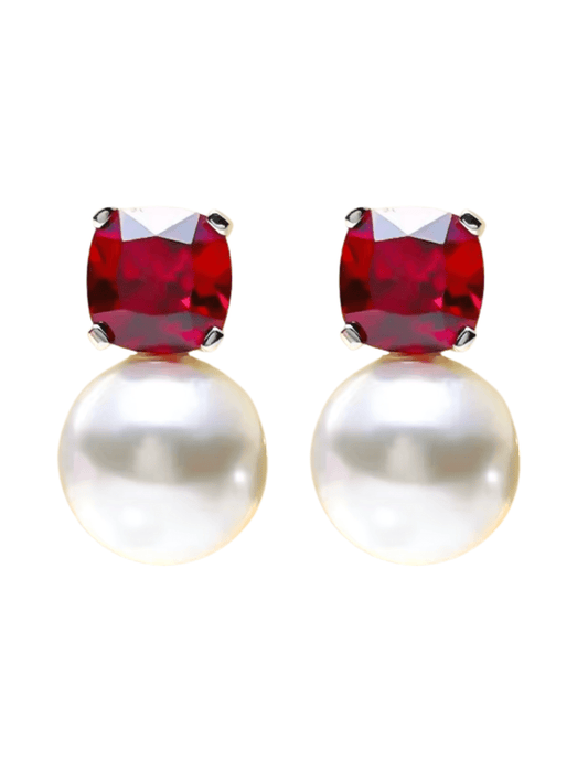 Fleur de Camélia Rosa Pearl Earrings with red gemstone and pearl drop