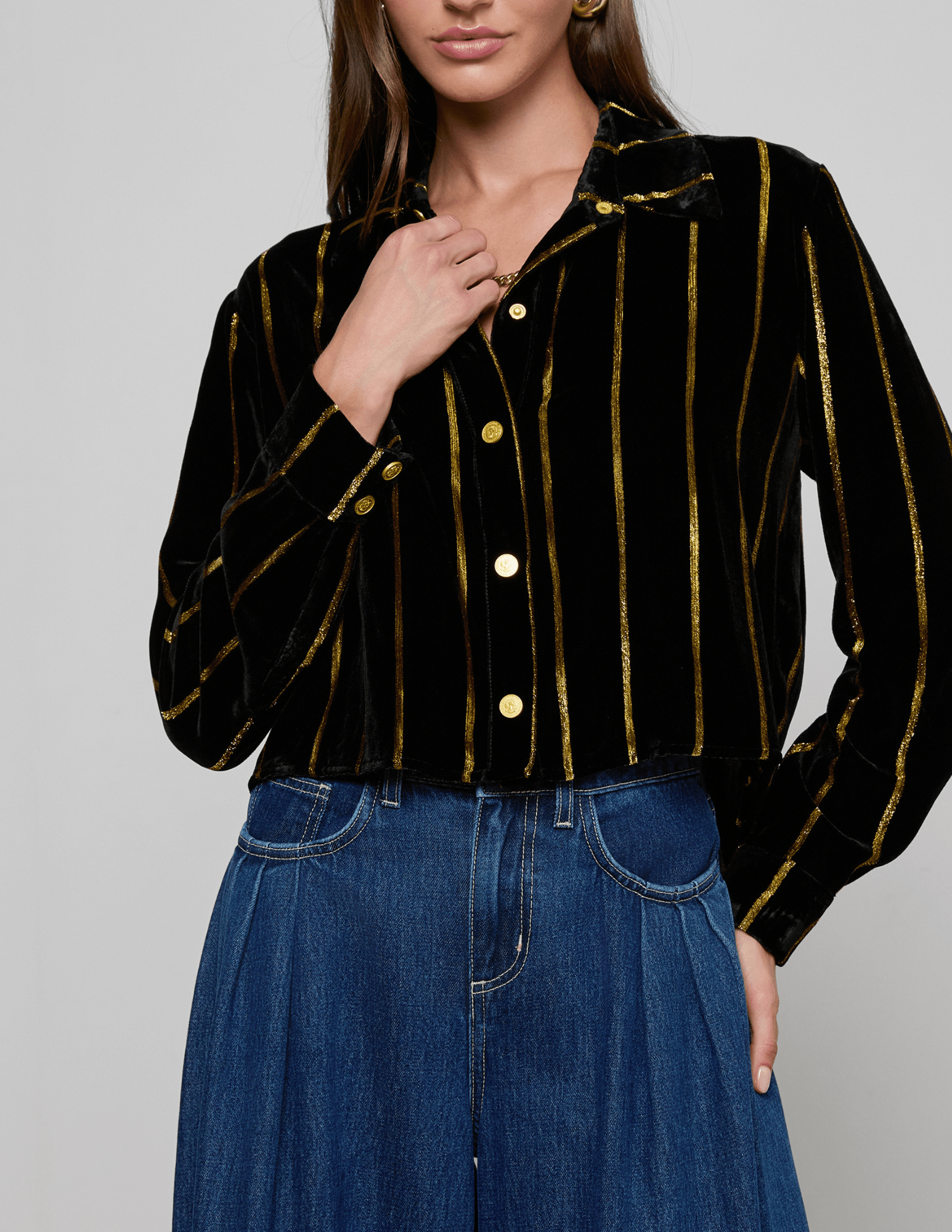 L'AGENCE Cosette Cropped High Low Blouse in Black Gold Stripe front view