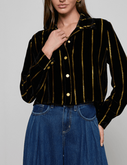 L'AGENCE Cosette Cropped High Low Blouse in Black Gold Stripe front view