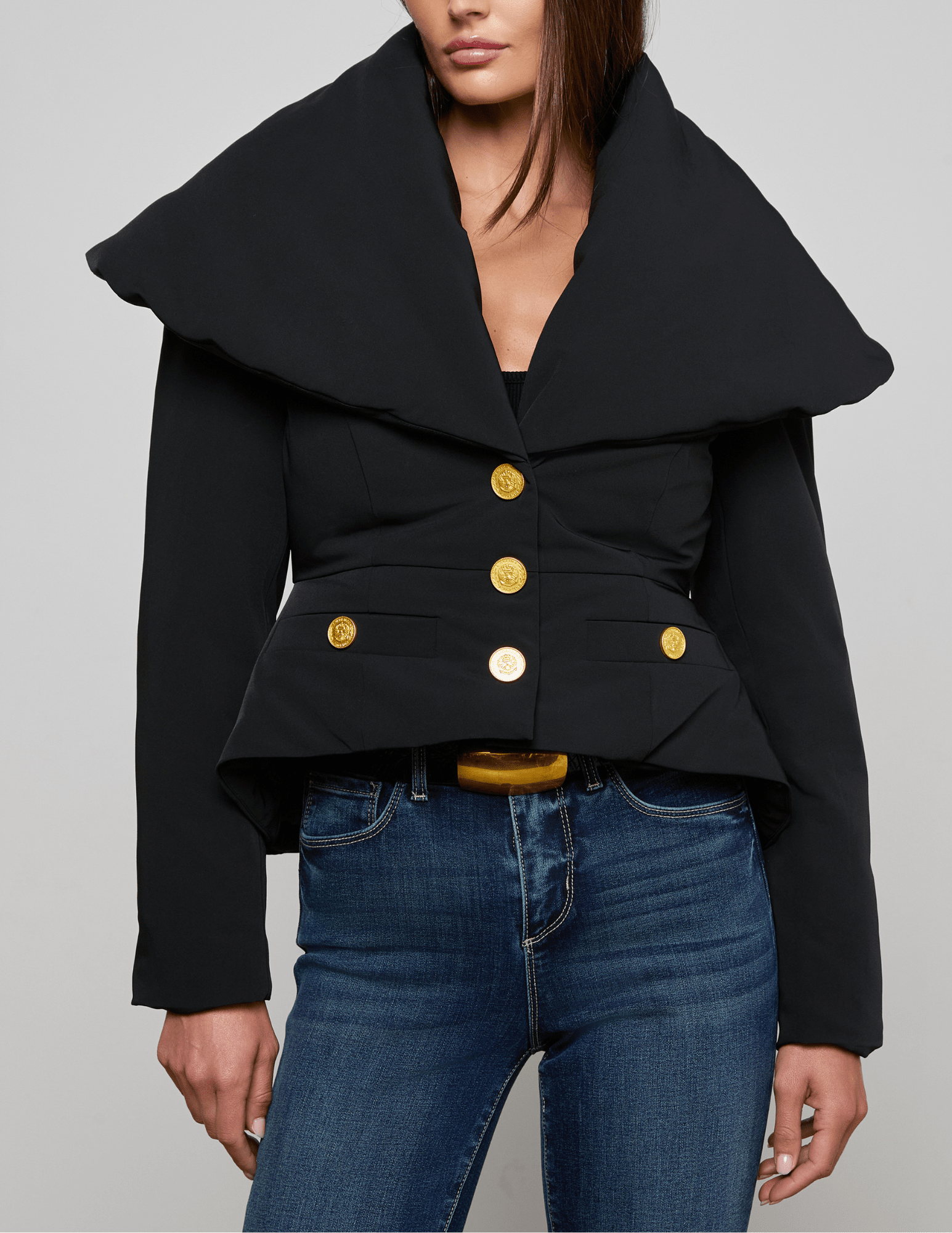 L'AGENCE Pippa High Collar Blazer Coat in Black Front