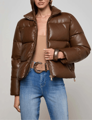 Front view of L’AGENCE Larsen Vegan Leather Puffer Jacket in Carafe Brown