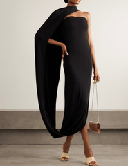 Front view ofCult Gaia Corsica Cape Effect Gown in Black with strapless neckline and cape drape