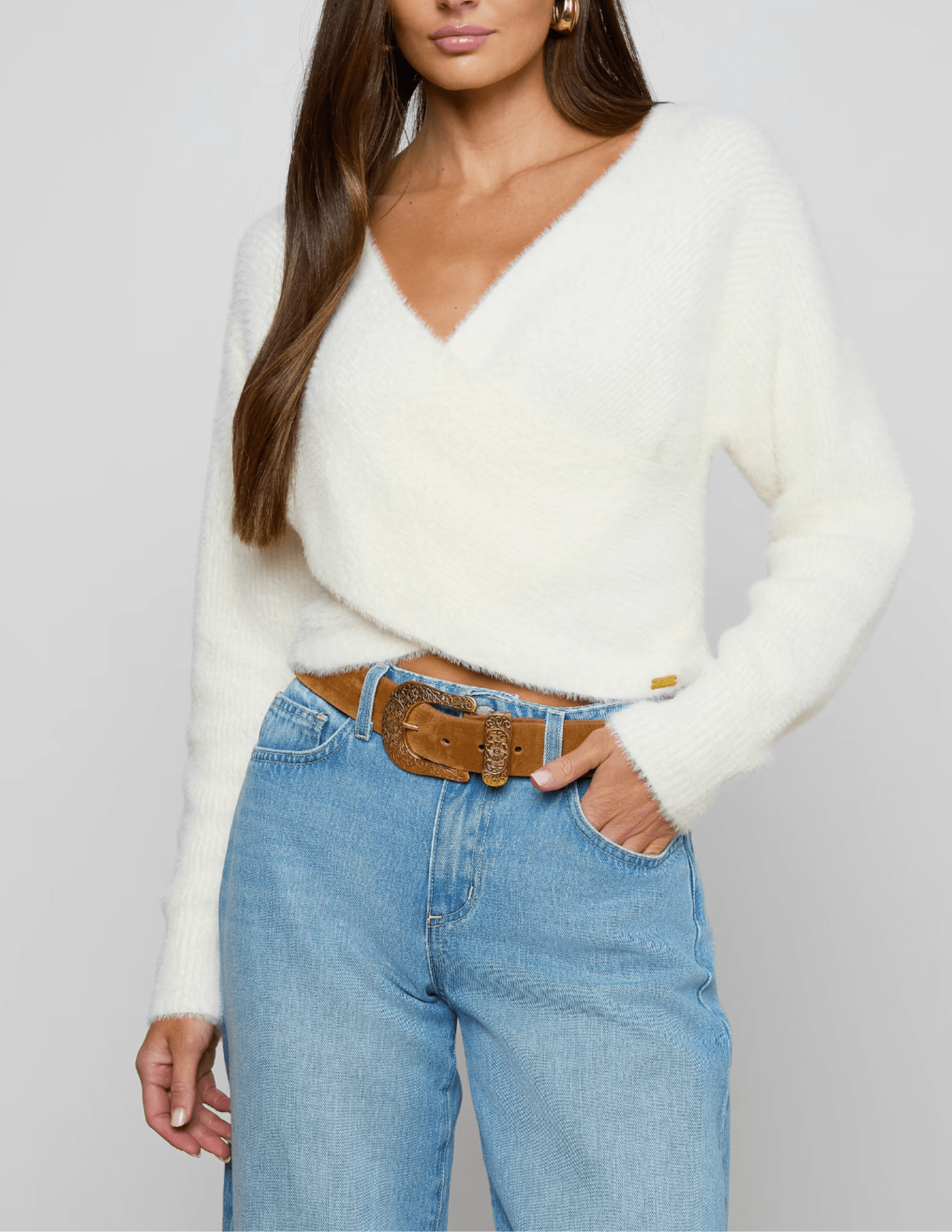 Front view of L'AGENCE Antonella Cross Front Sweater in Ivory