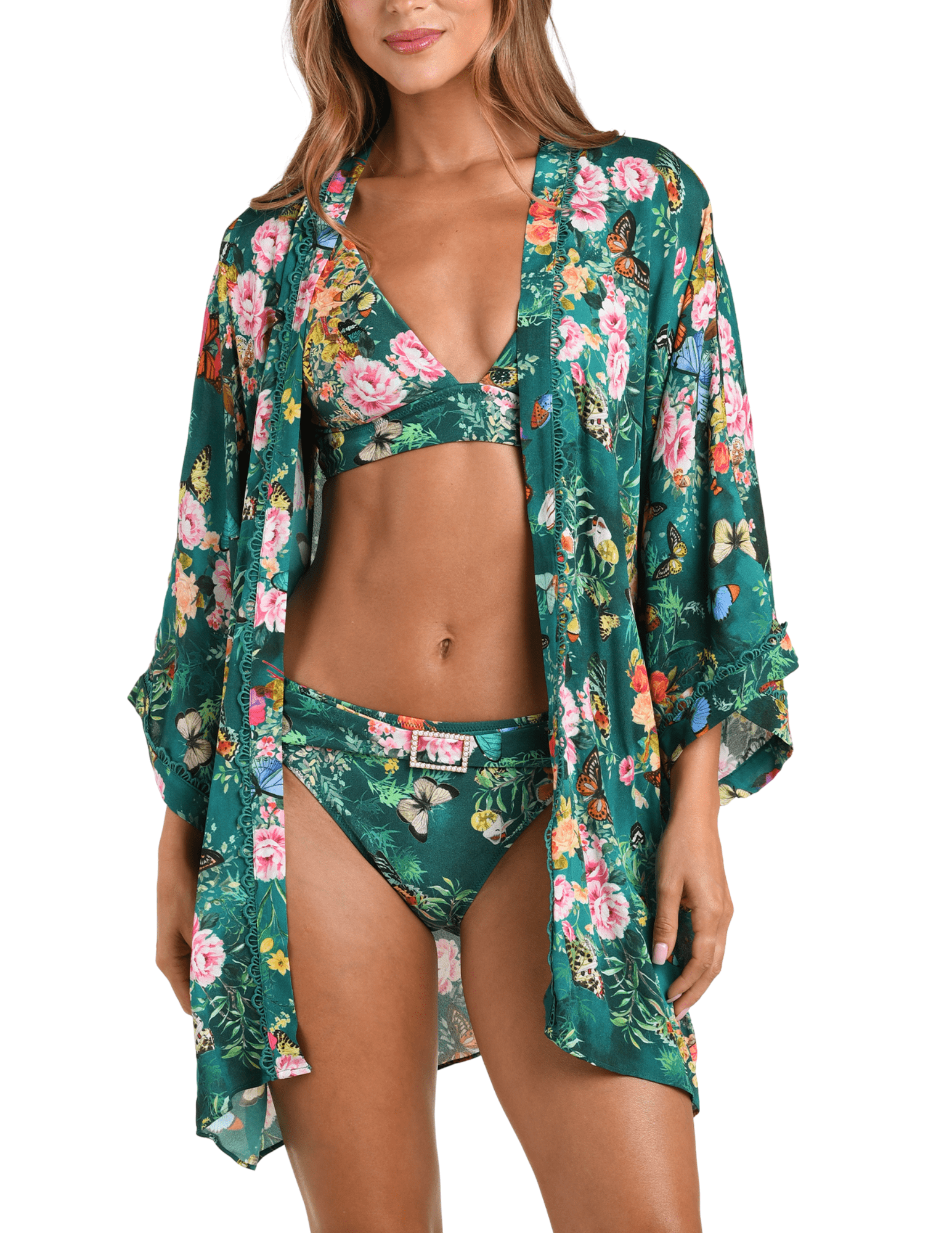 Front view of L’AGENCE Caterina Open Front Kimono in green butterfly print
